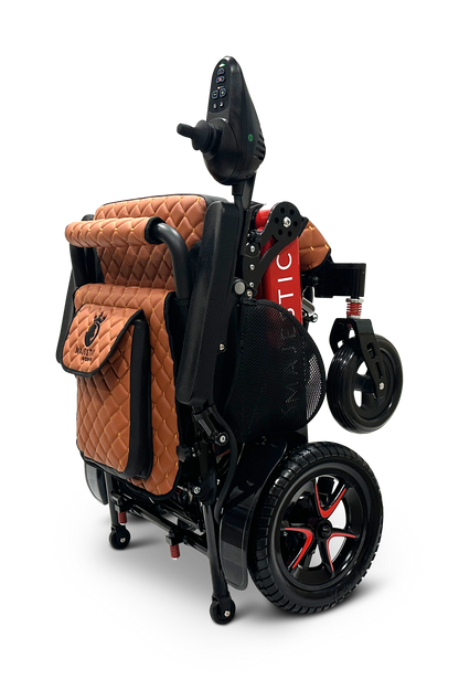 Introducing the MAJESTIC IQ-7000 Auto Folding Remote Controlled Electric Wheelchair: a chic mobility solution that combines quilted brown upholstery with a sleek black frame and red-accented wheels. It features an intelligent joystick on the handle for effortless control and includes a convenient side storage pouch.