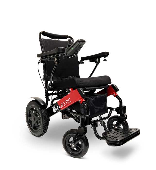 The ComfyGo MAJESTIC IQ-9000 Remote Controlled Electric Wheelchair is available in black and red, featuring a digital joystick controller with padded armrests, a cushioned seat, and footrests. It is equipped with brushless silent motors for smooth operation and has large rear wheels along with smaller front wheels for improved accessibility and comfort.