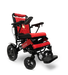 The ComfyGo MAJESTIC IQ-9000 Remote Controlled Electric Wheelchair boasts a striking red and black color scheme with a quilted seat design. It comes equipped with a digital joystick controller for ease of use. The large rear wheels and smaller front wheels, coupled with brushless silent motors, ensure smooth mobility. Additionally, the wheelchair features foldable armrests and a footrest, with the word "Majestic" elegantly printed on the side.