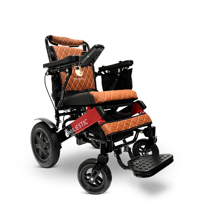 Introducing the ComfyGo MAJESTIC IQ-9000, a luxurious electric wheelchair that combines style and functionality. It features quilted brown cushions, a digital joystick controller on the right armrest, and a sleek black and red frame. Equipped with brushless silent motors for smooth operation, large rear wheels, a convenient footrest, and an attached storage compartment at the back.