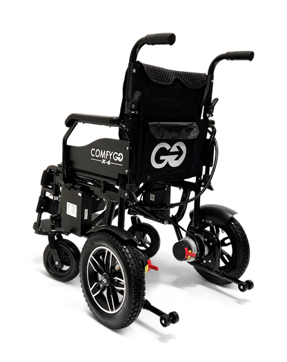 The ComfyGo X-6 Lightweight Electric Wheelchair features a black design with large rear wheels, a 360-degree joystick, handlebars, cushioned seat, small front wheels, and footrests. It combines motorized components with a sleek appearance for exceptional mobility.