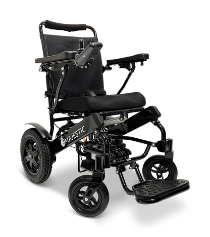 The ComfyGo MAJESTIC IQ-9000 Auto Reclining Electric Wheelchair features a black design, padded seat and backrest, raised armrests, footrest, right-side digital joystick controller, and durable aircraft-grade aluminum alloy construction.