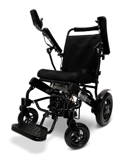 The ComfyGo MAJESTIC IQ-9000 Auto Reclining Electric Wheelchair is a black, lightweight, foldable model made from aircraft-grade aluminum alloy with armrests, footrest, large rear wheels, and a digital joystick for easy mobility.