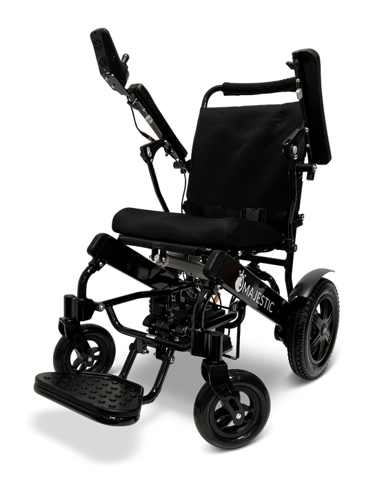 The ComfyGo MAJESTIC IQ-9000 Auto Folding Electric Wheelchair showcases a stylish black frame and seat, complemented by intuitive digital joystick controls. Its padded, adjustable seat guarantees comfort, while the IQ-9000 AR technology enhances maneuverability. Equipped with brushless silent motors, it delivers a smooth and stable ride with refined elegance.