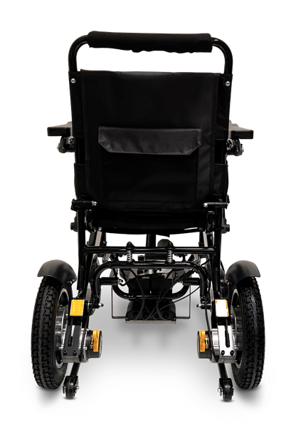 A rear view of the ComfyGo MAJESTIC IQ-9000 Auto Reclining Electric Wheelchair in black, showing large rear wheels, a backrest storage pocket, an aircraft-grade aluminum alloy frame, and quiet brushless motors under the seat.
