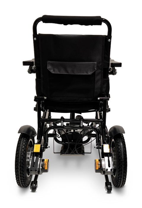 Rear view of a ComfyGo MAJESTIC IQ-9000 Auto Folding Electric Wheelchair in black, equipped with the advanced AR digital joystick controller and silent brushless motors. The wheelchair features two large wheels, a handlebar, and a storage pocket on the back of the seat, highlighting intricate mechanical details and robust construction.