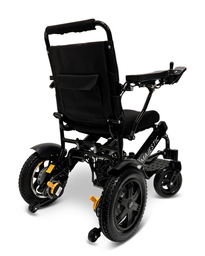 The ComfyGo MAJESTIC IQ-9000 Auto Reclining Electric Wheelchair features a lightweight aircraft-grade aluminum alloy black frame, padded seat, large rear wheels, smaller front wheels, right-arm digital joystick controller, and back storage pouch.