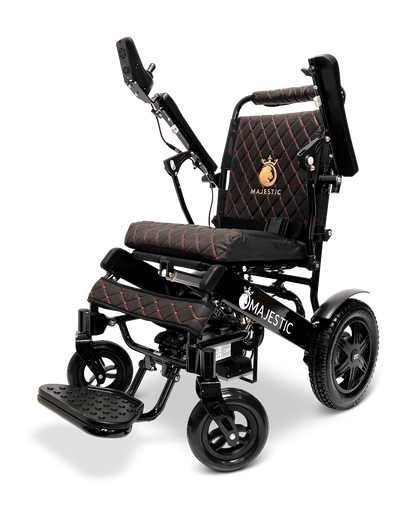 The ComfyGo MAJESTIC IQ-9000 Auto Reclining Electric Wheelchair is black with red stitching, a padded seat, adjustable armrests and footrest, sturdy wheels for mobility, and a frame crafted from aircraft-grade aluminum alloy.