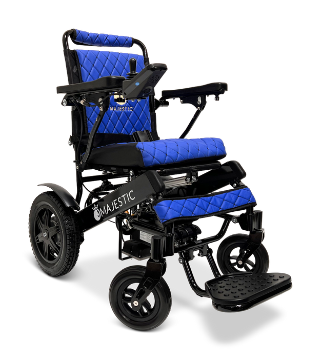 Introducing the ComfyGo MAJESTIC IQ-9000 Auto Folding Electric Wheelchair, featuring a sleek blue and black quilted design. It is equipped with a digital joystick controller and advanced IQ-9000 AR technology, allowing it to glide effortlessly on brushless silent motors. Highlights include large rear wheels, smaller front wheels, armrests, and a footrest.