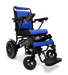 Introducing the ComfyGo MAJESTIC IQ-9000 Auto Folding Electric Wheelchair, featuring a sleek blue and black quilted design. It is equipped with a digital joystick controller and advanced IQ-9000 AR technology, allowing it to glide effortlessly on brushless silent motors. Highlights include large rear wheels, smaller front wheels, armrests, and a footrest.