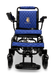 The ComfyGo MAJESTIC IQ-9000 Auto Folding Electric Wheelchair is available in black and blue, featuring brushless silent motors and a quilted pattern on the seat and backrest. The word "MAJESTIC" is embroidered on the backrest with a decorative logo above it. This model includes a digital joystick controller for seamless navigation.