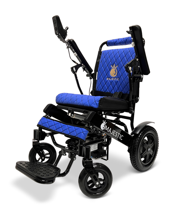 The ComfyGo MAJESTIC IQ-9000 Auto Folding Electric Wheelchair boasts a sleek blue and black design with quilted upholstery and adjustable footrests. Featuring brushless silent motors and a digital joystick controller, it provides exceptional mobility and comfort.