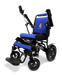 The ComfyGo MAJESTIC IQ-9000 Auto Folding Electric Wheelchair boasts a sleek blue and black design with quilted upholstery and adjustable footrests. Featuring brushless silent motors and a digital joystick controller, it provides exceptional mobility and comfort.