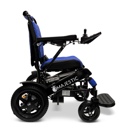 Side view of the ComfyGo MAJESTIC IQ-9000 Auto Reclining Electric Wheelchair in blue and black, with a digital joystick on the right armrest, large rear wheels, a footrest, and an aircraft-grade aluminum alloy frame.