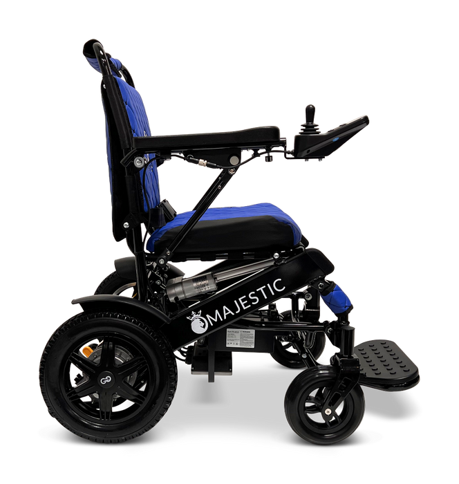 Side view of a blue and black ComfyGo MAJESTIC IQ-9000 Auto Folding Electric Wheelchair against a black background. It features a cushioned seat, digital joystick controller, and sturdy wheels powered by brushless silent motors designed for seamless mobility and comfort, ensuring top-tier performance.