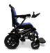 Side view of a blue and black ComfyGo MAJESTIC IQ-9000 Auto Folding Electric Wheelchair against a black background. It features a cushioned seat, digital joystick controller, and sturdy wheels powered by brushless silent motors designed for seamless mobility and comfort, ensuring top-tier performance.