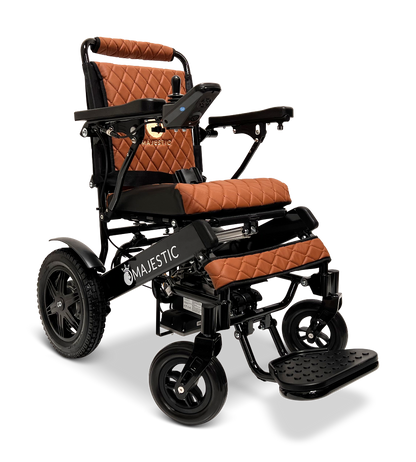 The ComfyGo MAJESTIC IQ-9000 Auto Reclining Electric Wheelchair features quilted brown and black cushioning, adjustable armrests, a digital joystick controller, large rear wheels, and an aircraft-grade aluminum alloy frame.