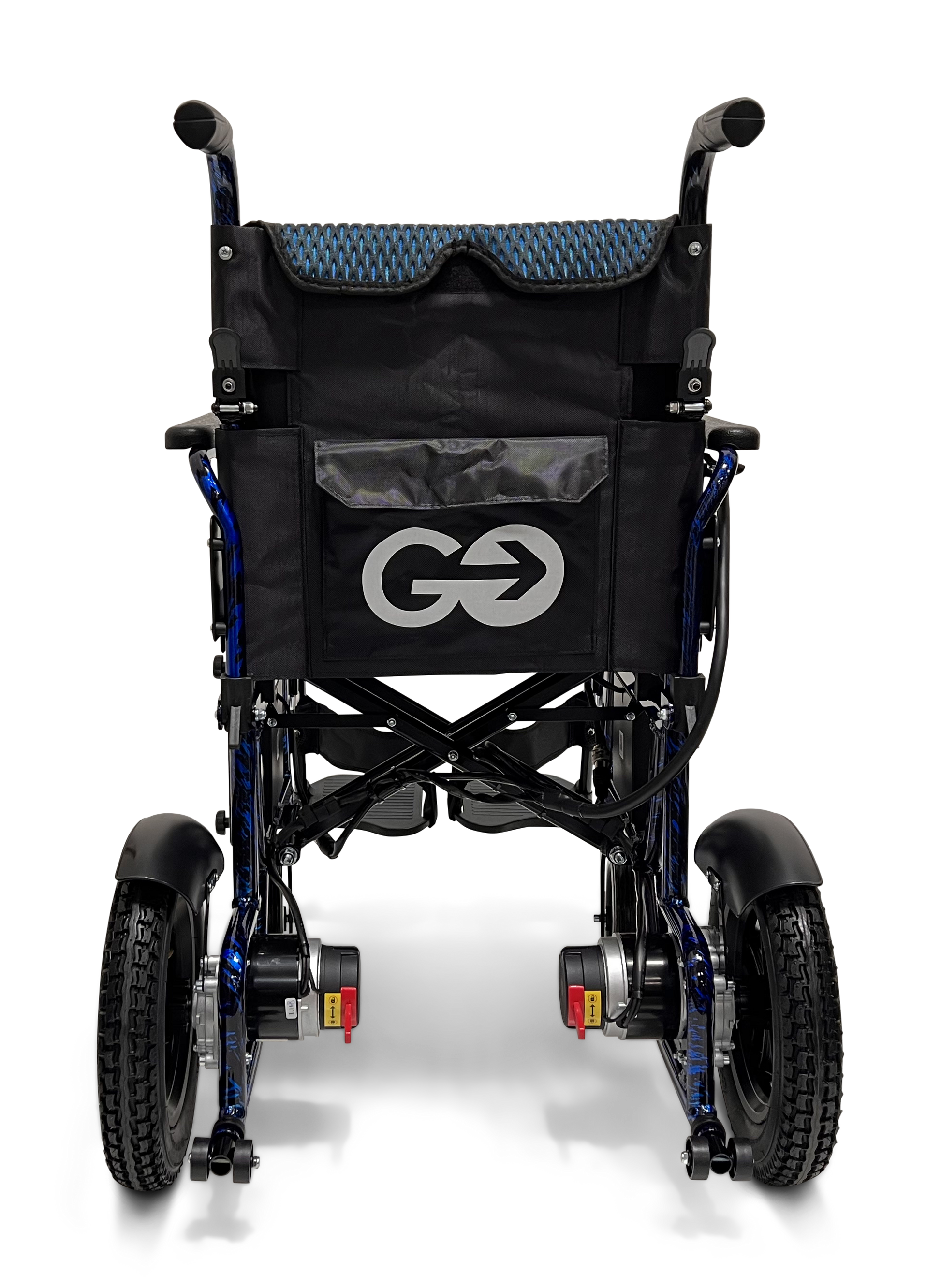 The rear view of the ComfyGo X-6 Lightweight Electric Wheelchair features robust tires, black handles, and a large backrest pocket with a stylized GO logo and arrow. This innovative model includes a 360-degree joystick for easy maneuverability.