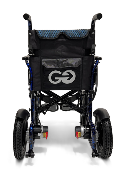 The rear view of the ComfyGo X-6 Lightweight Electric Wheelchair features robust tires, black handles, and a large backrest pocket with a stylized GO logo and arrow. This innovative model includes a 360-degree joystick for easy maneuverability.