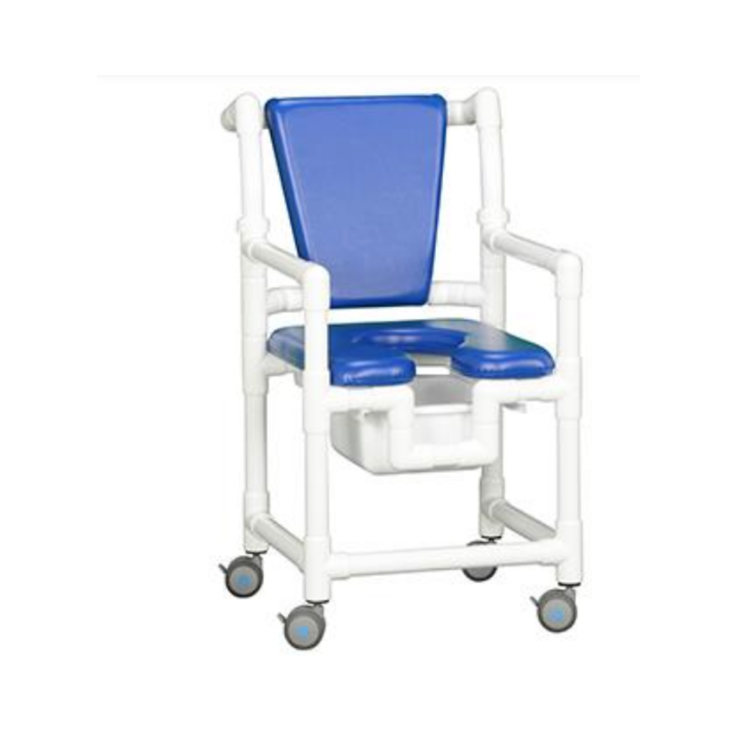 The IPU Comfort PVC Rolling Shower Chair Commode features a blue and white design, padded seat and backrest, open front seat, armrests, and casters for easy mobility—offering comfort and convenience in the bathroom.