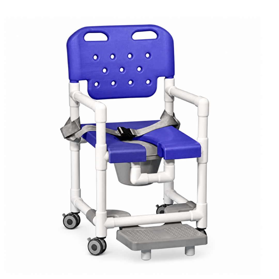 The IPU Elite PVC Rolling Shower Chair Commode w/ Footrests in blue and white features wheels, armrests, a footrest, safety belt, and a removable commode pan under the seat, providing comfort and convenience as a high-quality shower commode chair.