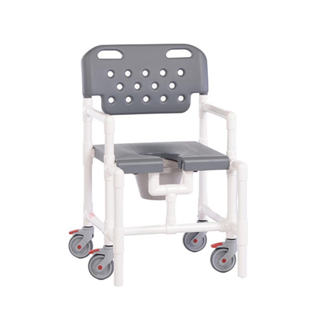 The IPU Midsize PVC Rolling Shower Chair Commode has a heavy-duty blow-molded seat, durable plastic frame, split open-front design, removable bucket, armrests, and four locking wheels for safe mobility.