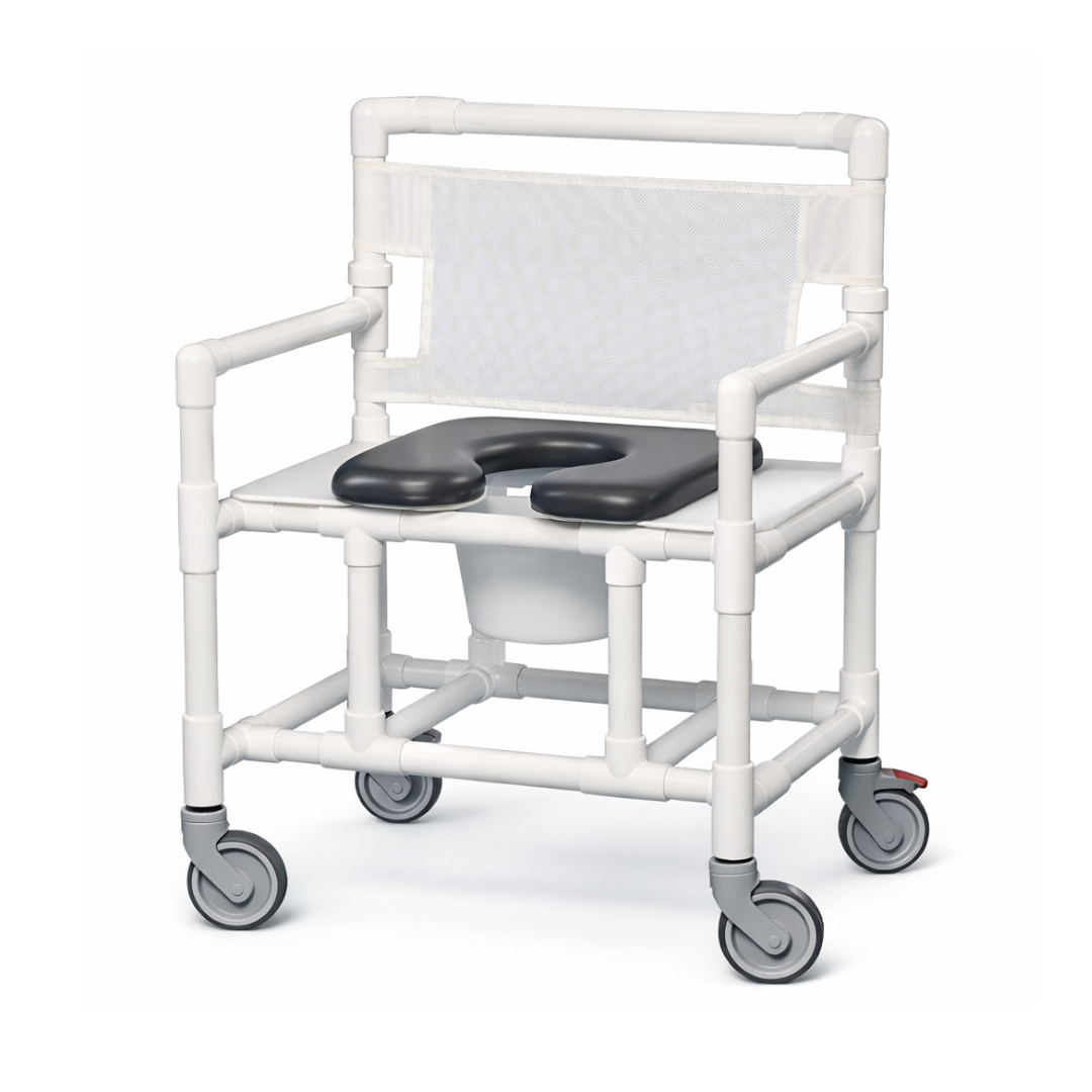 The IPU Oversize Open Front Bariatric Rolling Shower Chair Commode features a sturdy PVC frame, wheels, padded open-front seat, mesh backrest, and a removable bucket for comfort and easy cleaning.