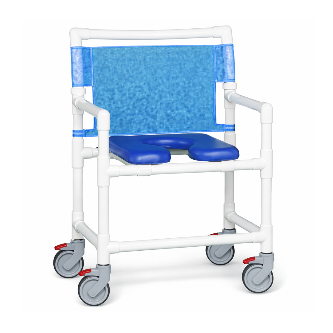The IPU Oversize Open Front Soft Seat Rolling PVC Shower Chair features a white and blue design, armrests, mesh backrest, padded U-shaped blue seat, and four wheels with red safety brakes for safe, heavy-duty bathing support.
