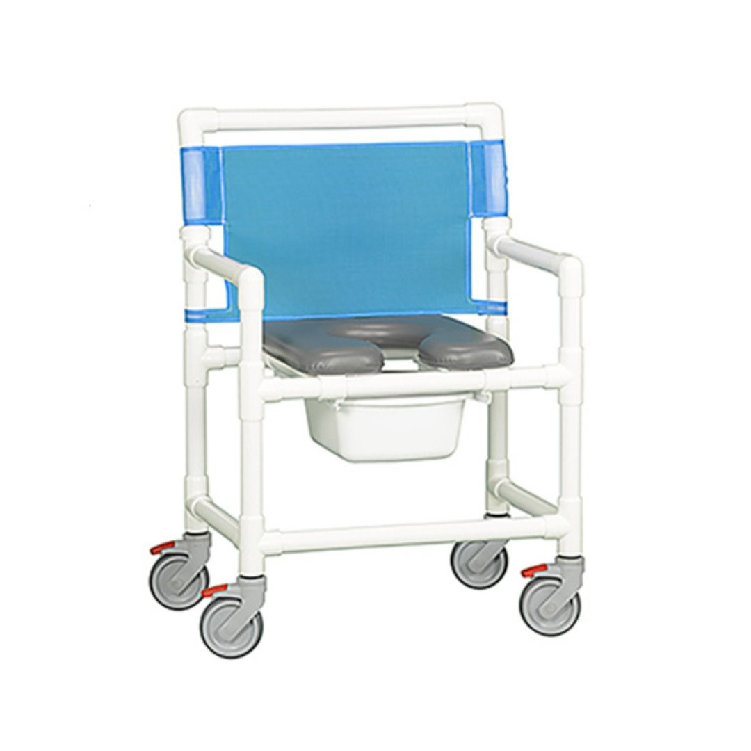 The IPU Oversize Bariatric PVC Rolling Shower Chair Commode features a sturdy white PVC frame, blue mesh backrest, gray padded open seat, removable bucket, armrests, and four locking swivel casters—perfect for comfortable bariatric shower commode use.