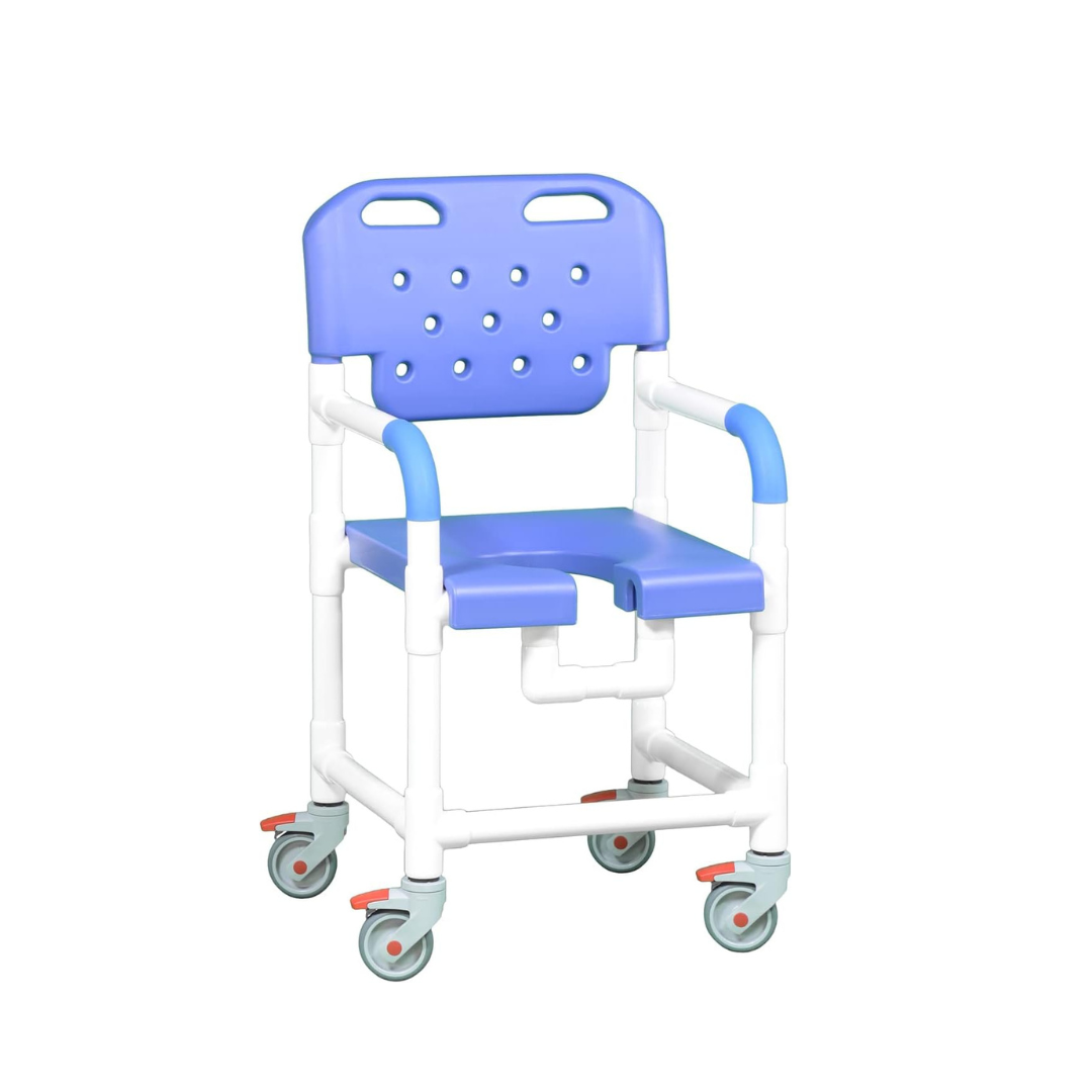 The IPU Platinum PVC Shower Chair with Wheels features a blue and white frame, blow-molded construction, armrests, a backrest with holes, a U-shaped seat opening, and four locking casters with red brake locks.