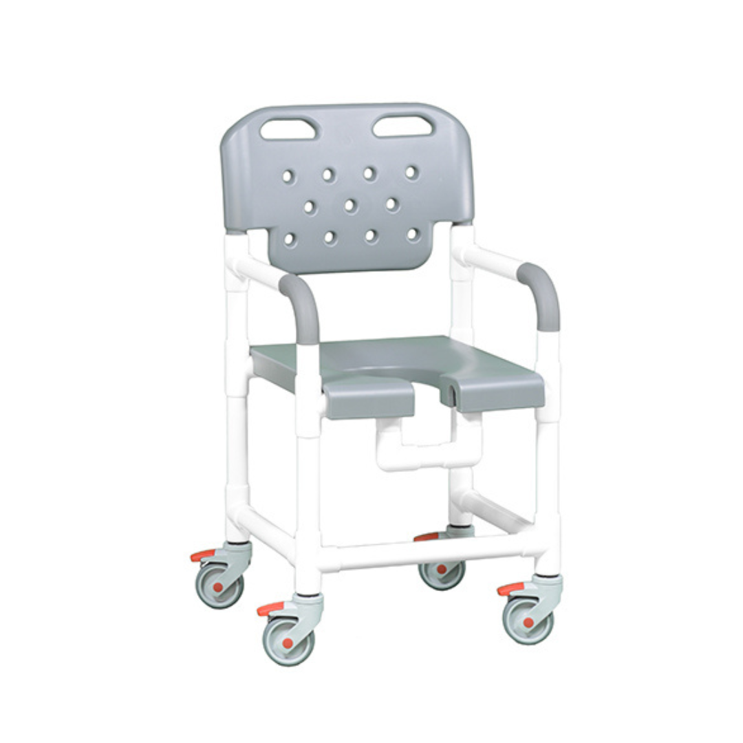 The IPU Platinum PVC Shower Chair with Wheels features a gray blow-molded backrest and seat, a white PVC frame, armrests, four wheels with red locking casters, and an open seat for toileting.