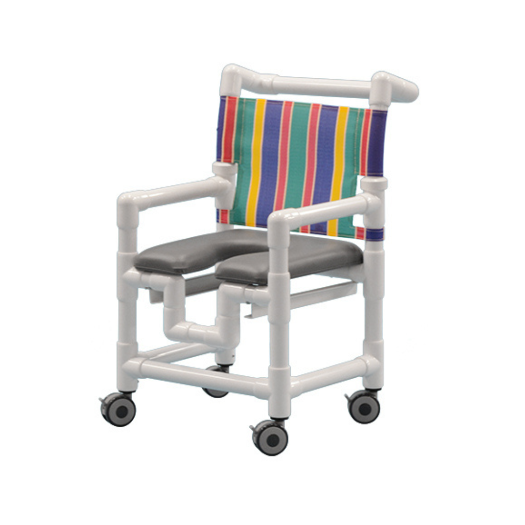 The IPU Pediatric/Youth PVC Rolling Shower Chair Commode features a white PVC frame, two gray cushions, armrests, a colorful striped fabric backrest, an open seat design, and four caster wheels per product specs.