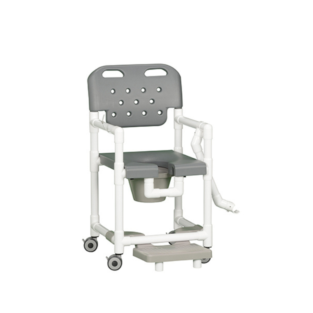 The IPU Platinum Shower Chair Commode features a gray and white design, armrests, a padded open seat, removable bucket, slideout footrest, lap bar, and four wheels—offering comfort and convenience for shower mobility needs.
