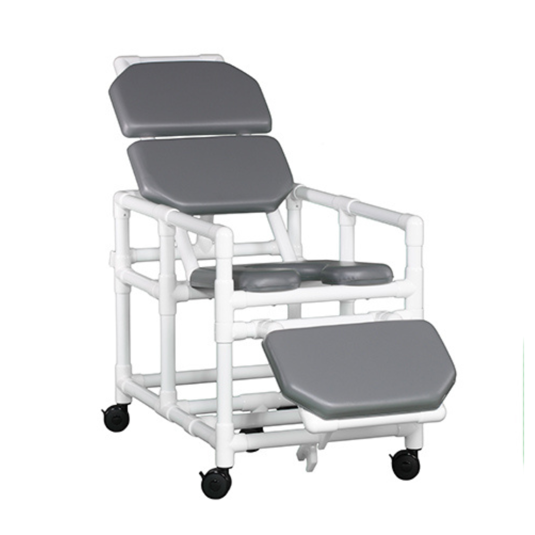 The IPU Reclining Shower Chair features a white PVC frame, large gray padded seat, backrest, armrests, leg rest, and four black caster wheels for safe bathing support and adjustable comfort.