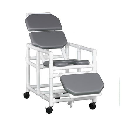 The IPU Reclining Shower Chair features a white PVC frame, large gray padded seat, backrest, armrests, leg rest, and four black caster wheels for safe bathing support and adjustable comfort.
