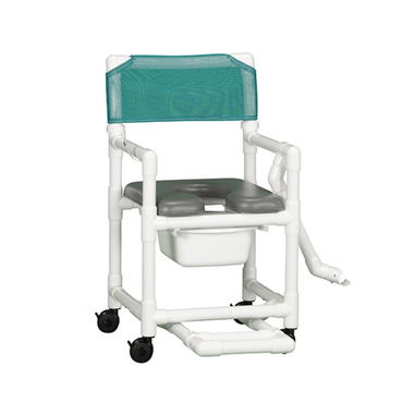 The IPU Rolling Shower Chair features a soft gray padded seat, green mesh backrest, removable commode bucket, armrests, footrest, lap bar, and four wheels—a comfortable and practical option for daily use.