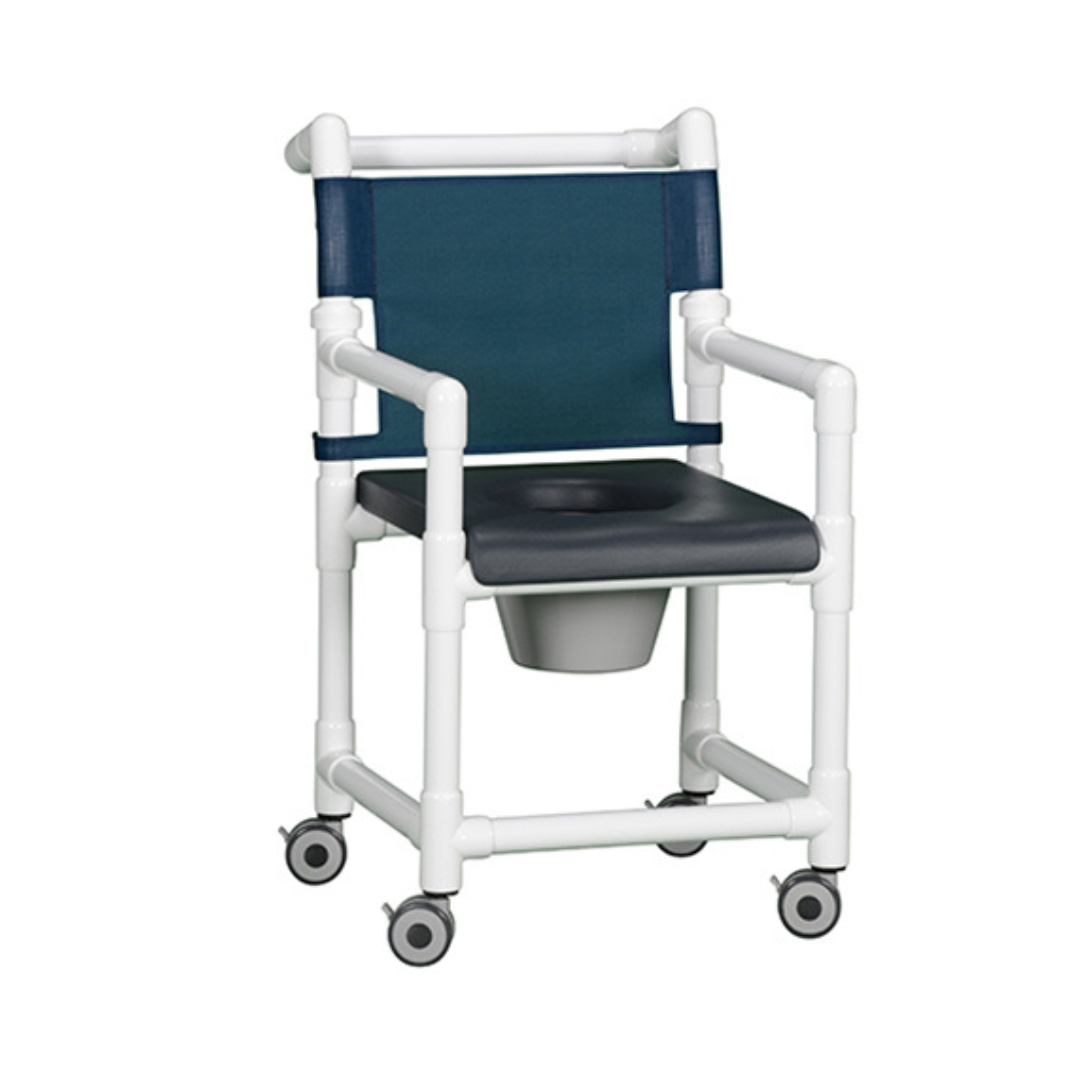 The IPU Deluxe PVC Shower Chair Commode w/ Mesh Backrest features a white PVC frame, navy blue mesh backrest, black seat with opening, removable bucket, armrests, and four caster wheels for easy mobility.