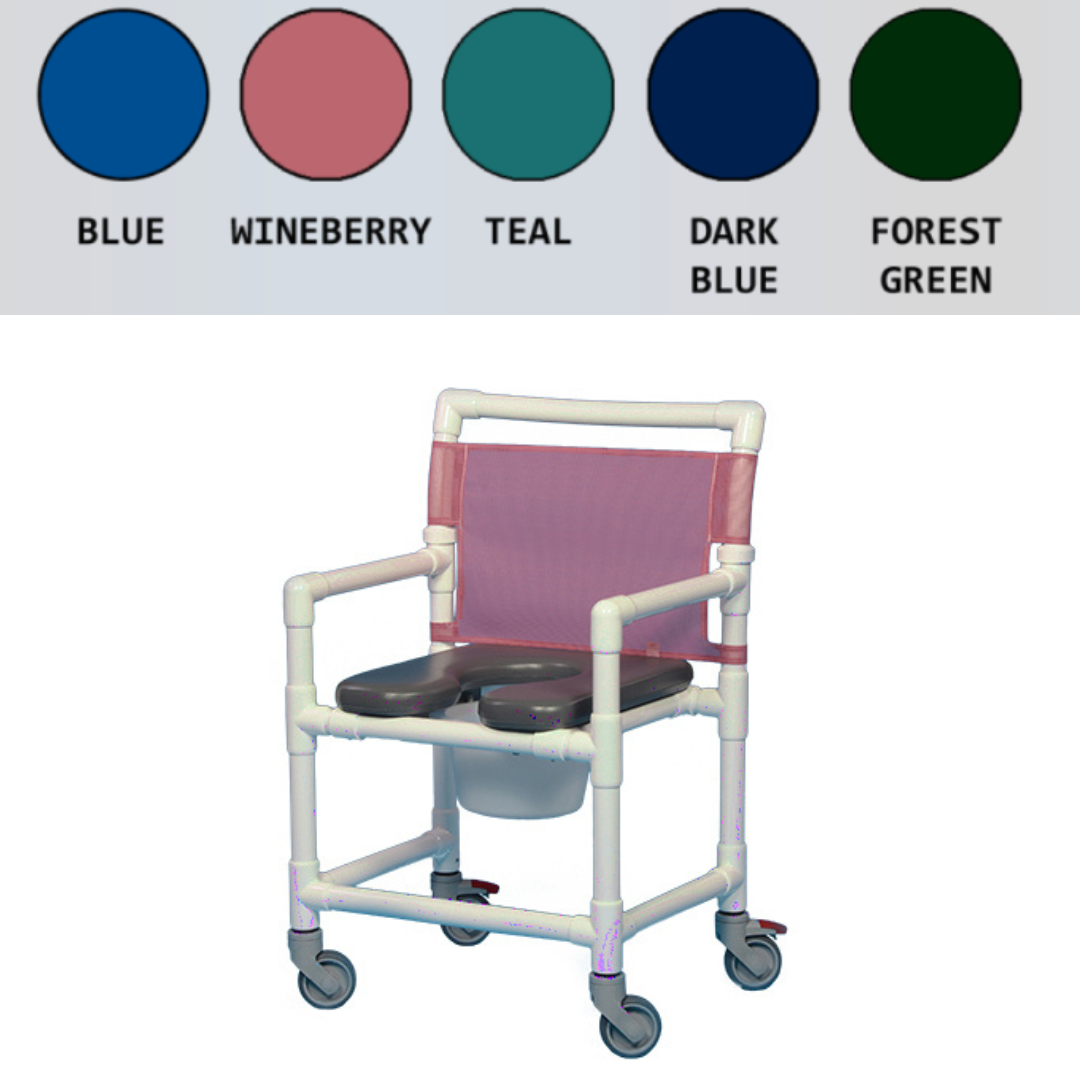 The IPU Midsize PVC Shower Chair Commode with Open Front Soft Seat features a white PVC frame, pink mesh backrest, wheels, and comes in blue, wineberry, teal, dark blue, or forest green. See spec table for dimensions.