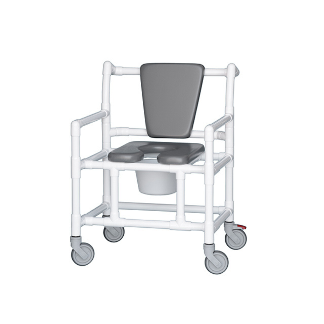 The IPU Value Line Bariatric PVC Rolling Shower Chair Commode features armrests, a padded gray seat and backrest, open front commode design with removable bucket, and four casters for easy mobility—ideal for bariatric or daily use.