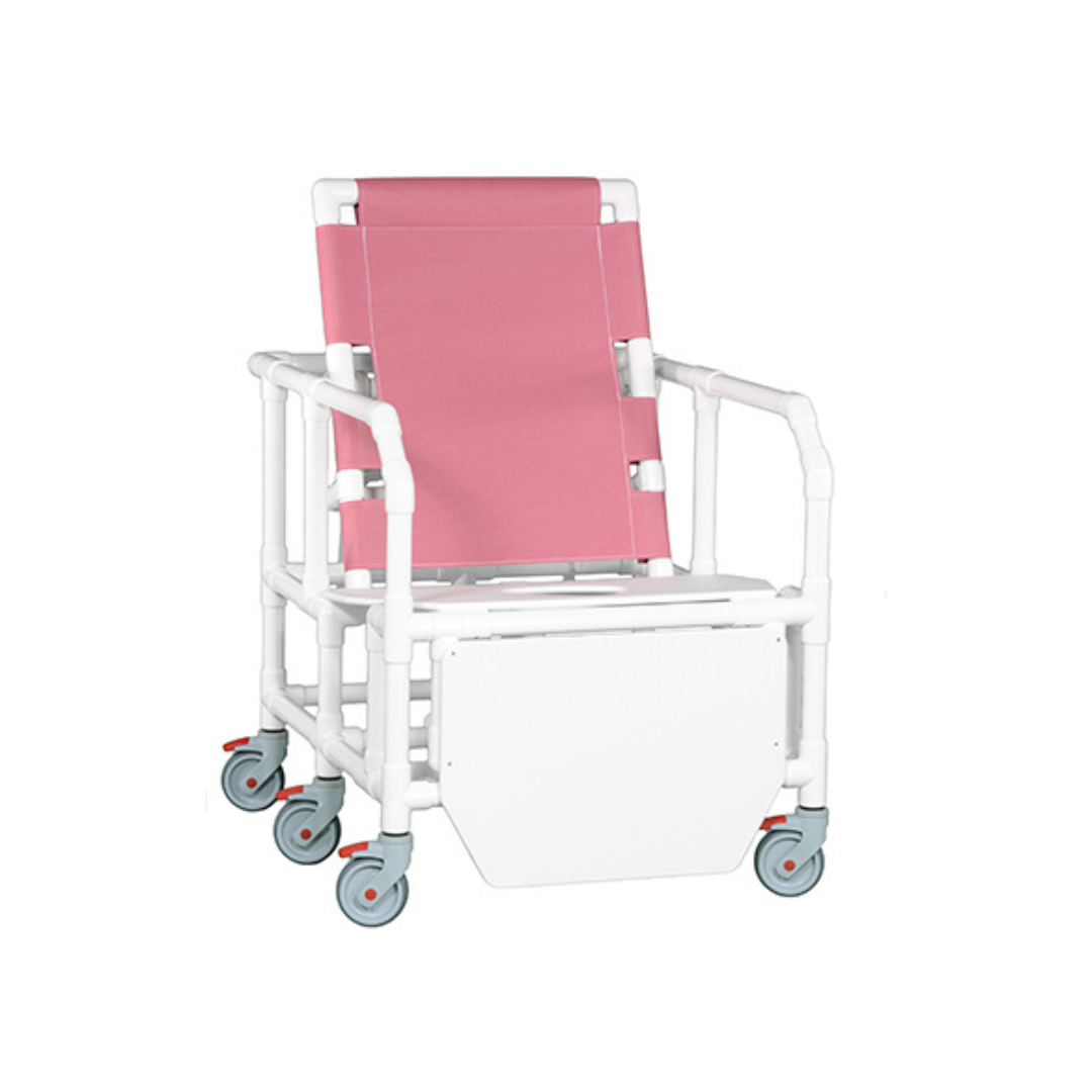 The IPU Bariatric PVC Reclining Shower Chair features a durable white PVC frame, pink seat and backrest, armrests, and large gray casters for assisted bathing and bathroom mobility.