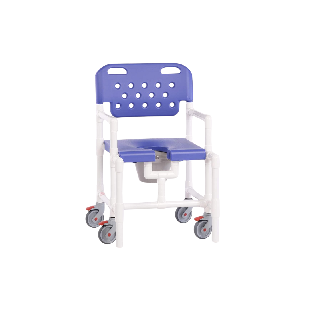 The IPU Midsize PVC Rolling Shower Chair Commode features blue and white colors, armrests, four gray wheels with red brakes, a durable blow-molded plastic frame, perforated backrest, and an open-front seat for better accessibility.