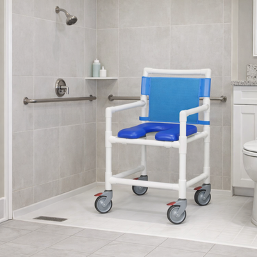 An IPU Open Front Soft Seat Rolling PVC Shower Chair with blue padding and a white frame sits in a tiled, accessible bathroom, offering safe support with grab bars, a handheld showerhead, and large wheels for easy mobility.