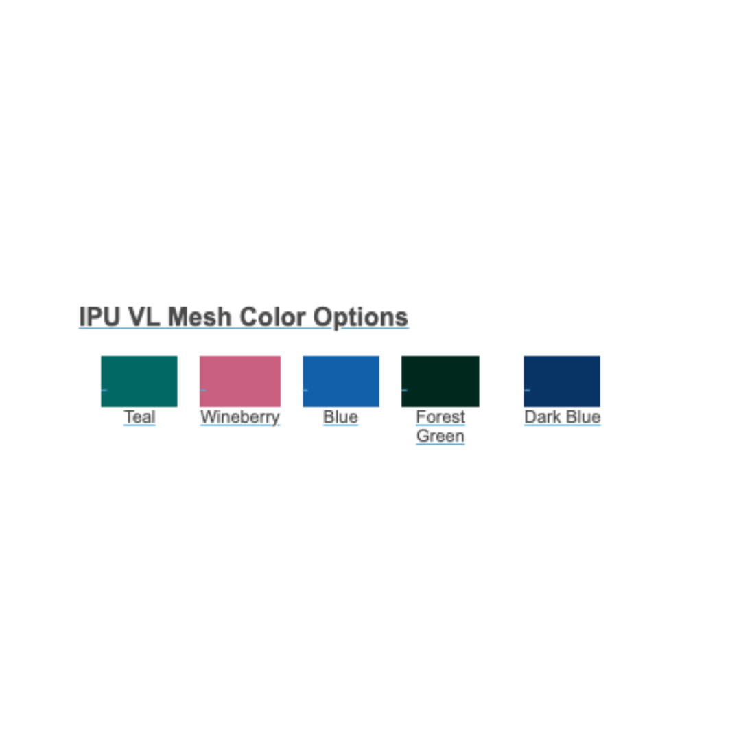 Five color blocks—Teal, Wineberry, Blue, Forest Green, and Dark Blue—are shown under the IPU VL Mesh Color Options for the IPU Oversize Open Front Soft Seat Rolling PVC Shower Chair.