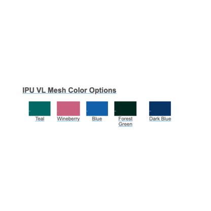 Five color blocks—Teal, Wineberry, Blue, Forest Green, and Dark Blue—are shown under the IPU VL Mesh Color Options for the IPU Oversize Open Front Soft Seat Rolling PVC Shower Chair.