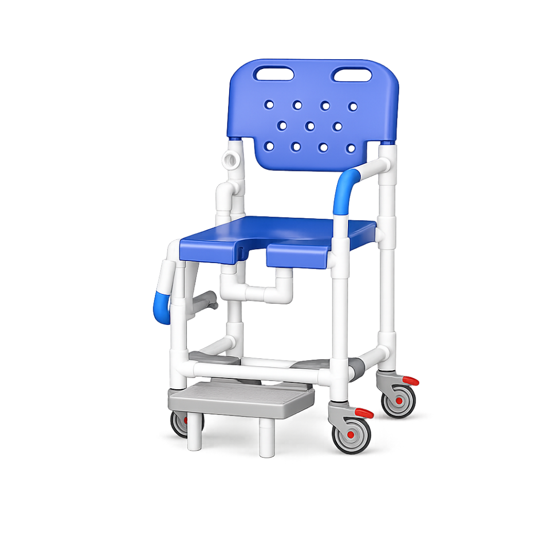 The IPU Platinum PVC Shower Chair with Drop Arm & Slideout Footrest features a blue and white blow-molded seat, armrests, four locking wheels, cut-out seat, and open-front access for accessible mobility assistance.