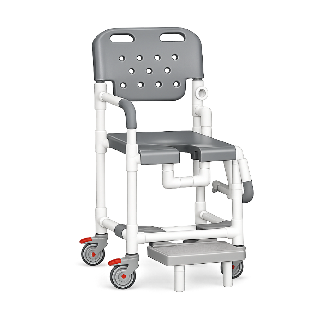 The IPU Platinum PVC Shower Chair features a gray and white design, wheels, drop armrests, ventilated backrest, open-front commode-style seat, and a slideout footrest for easy transfer, mobility, and support.