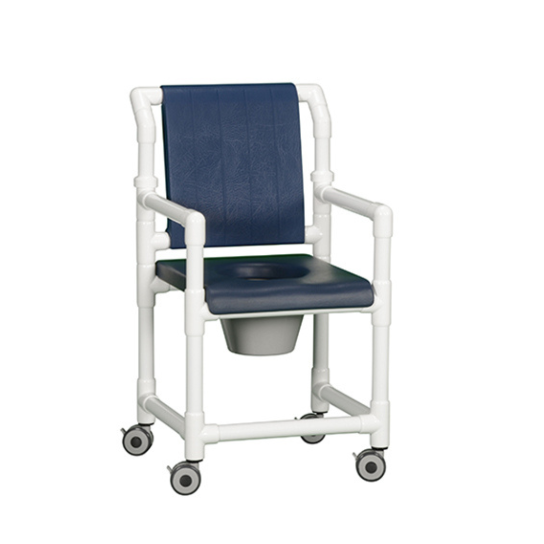 The IPU Deluxe PVC Shower Chair Commode w/ Padded Seat is a white rolling chair with a blue padded seat and backrest, armrests, and removable bucket—ideal for safe bathroom use, mobility, and as a bedside commode.