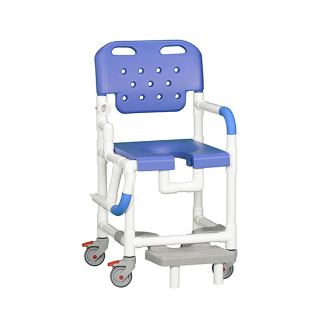 The IPU Platinum PVC Shower Chair features a blue and white design, wheels with safety brakes, armrests, backrest, drop arm, slideout footrest, drainage holes, handles, and an open-front seat for enhanced comfort and convenience.