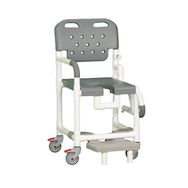 The IPU Platinum PVC Shower Chair with Drop Arm & Slideout Footrest is a durable grey and white transfer bench featuring a backrest, armrests, open-front seat, footrest, and four wheels for individuals with mobility needs.