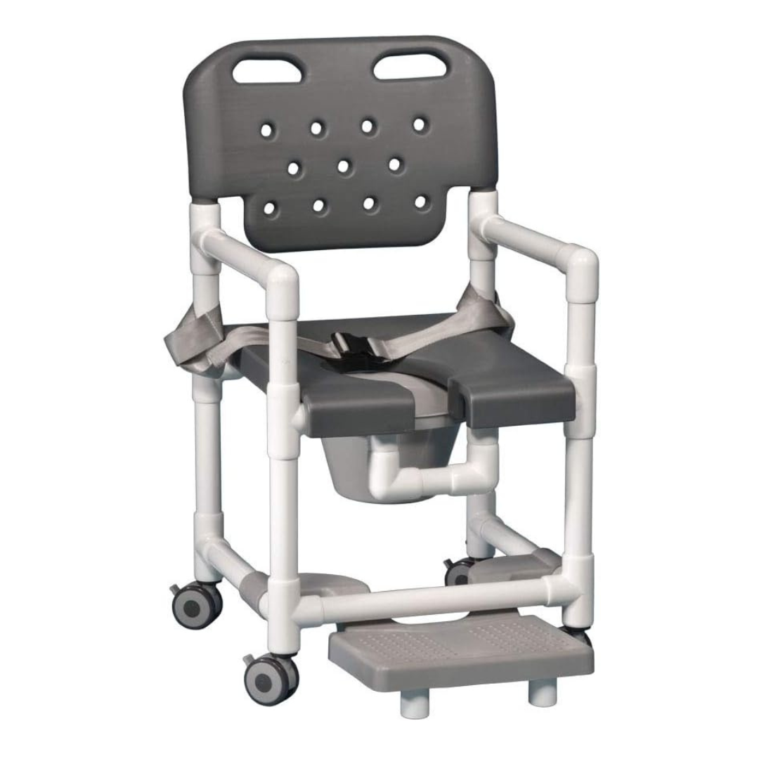 The IPU Elite PVC Rolling Shower Chair Commode w/ Footrests features a gray and white open-front design with armrests, vented backrest, safety straps, padded seat opening, removable footrest and commode pail, plus four wheels for mobility.